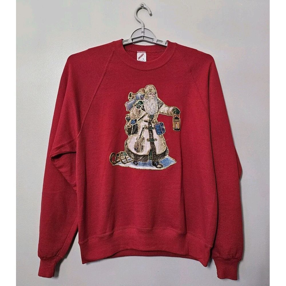 Christmas Santa Sweatshirt Vintage‎ Jerzees Men's Size Large Red Crewneck Unisex